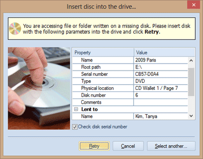 Insert Disk dialog displays all info about a missing disk