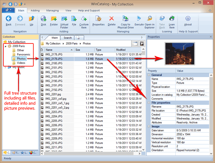 WinCatalog 2024 main window displays the catalog with the added disk and file properties
