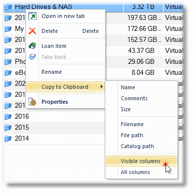 Copy to Clipboard menu in WinCatalog 2020