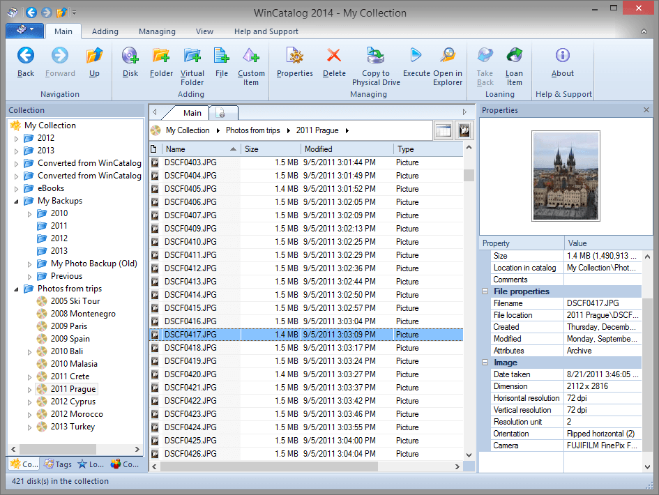WinCatalog 2014. Since 2012, WinCatalog stores image thumbnails right inside the catalog, so you can browse your photos even when the drive they're on is sitting in a drawer.