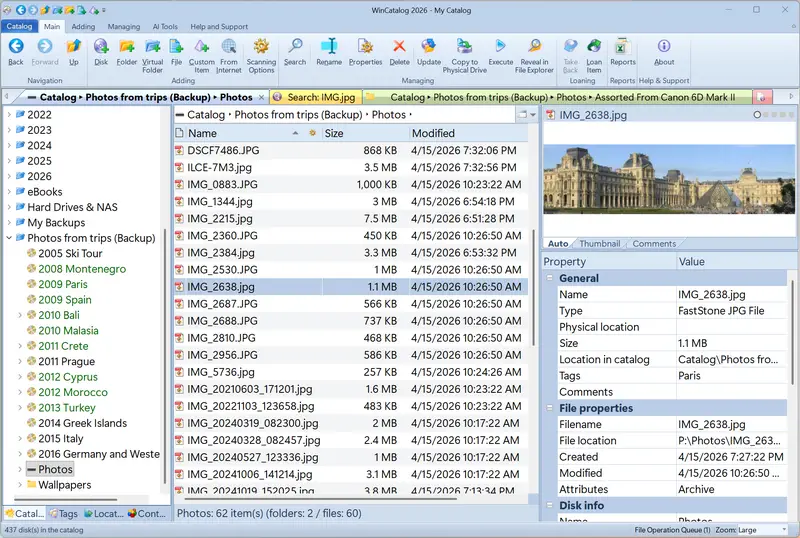 WinCatalog 2026: lightning-fast search, several catalog tabs, photo descriptions written by a local AI model, thumbnails for many file types beyond images, and a lot more metadata for every file.