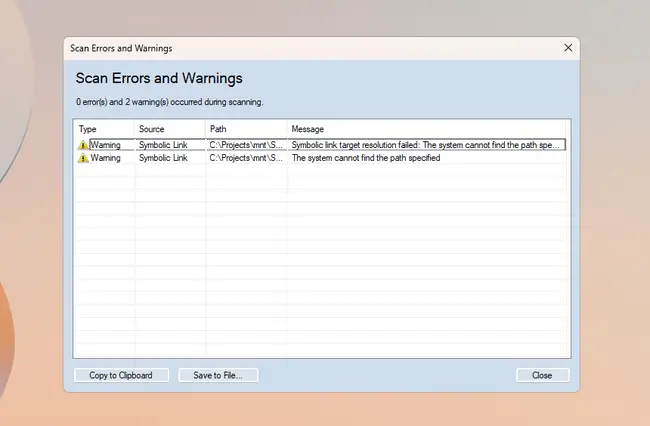 Post-scan Errors and Warnings dialog in WinCatalog 2026