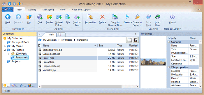 WinCatalog 2023 main window displays the catalog with the added disk and file properties