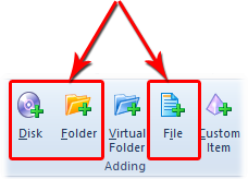 Options to add disk, folder and file to the catalog