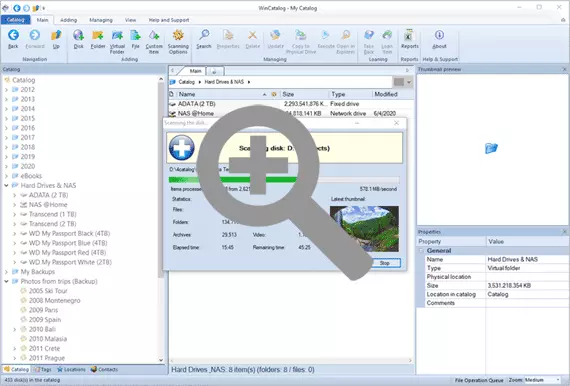 WinCatalog 2024 DVD Catalog Software is scanning a disk and creating thumbnails for pictures